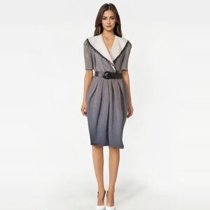 80's Leslie Fay Collection Black and White Check Hankerchief Collar Midi‎ Dress